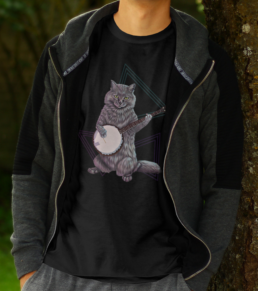 Banjo Cat Rock Kitty Playing The Banjo Triangular Neon Background T-Shirt