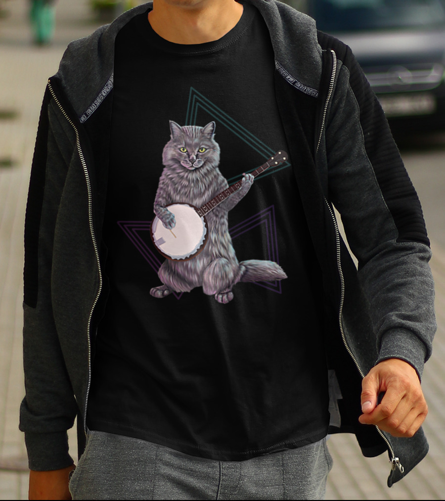Banjo Cat Rock Kitty Playing The Banjo Triangular Neon Background T-Shirt
