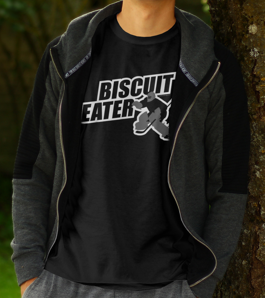 Biscuit Eater Hockey Goalie Retro Style Block Text With Silhouette Of Ice Hockey Player In Action T-Shirt