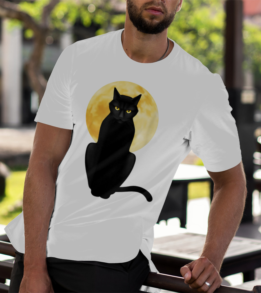 Black Cat Yellow Eyes Full Moon T-Shirt
