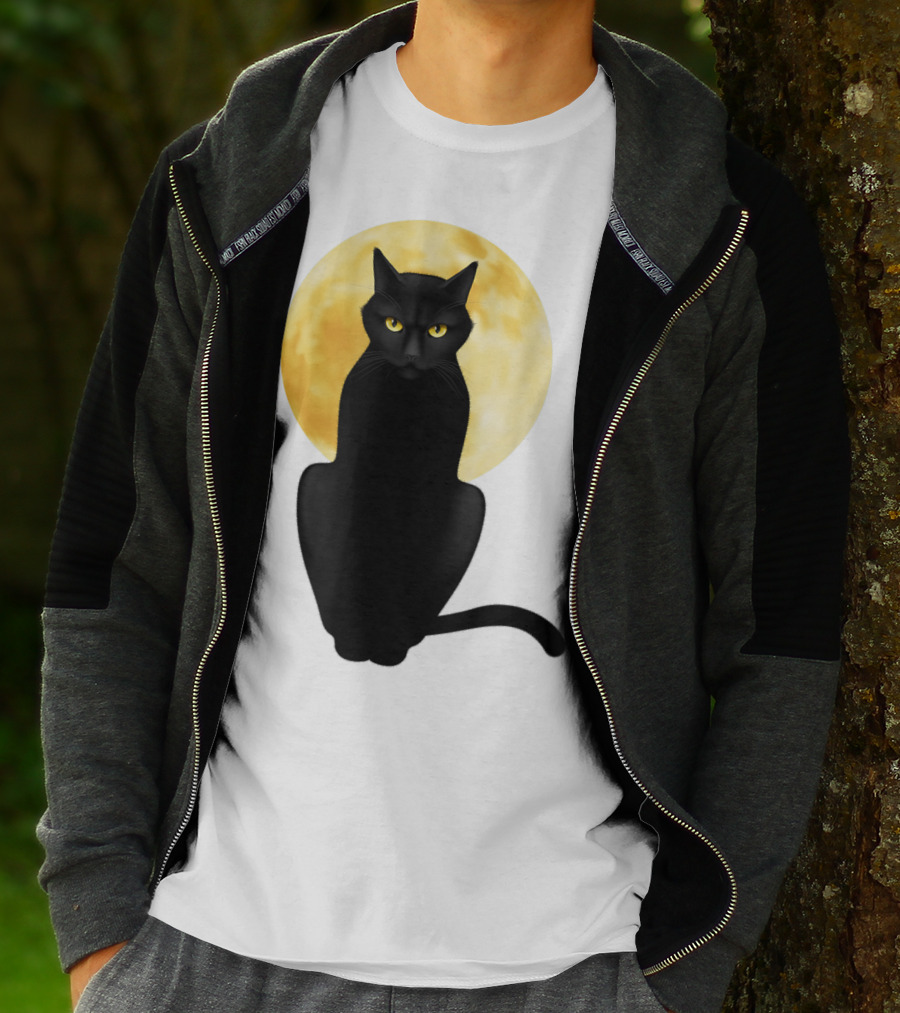 Black Cat Yellow Eyes Full Moon T-Shirt