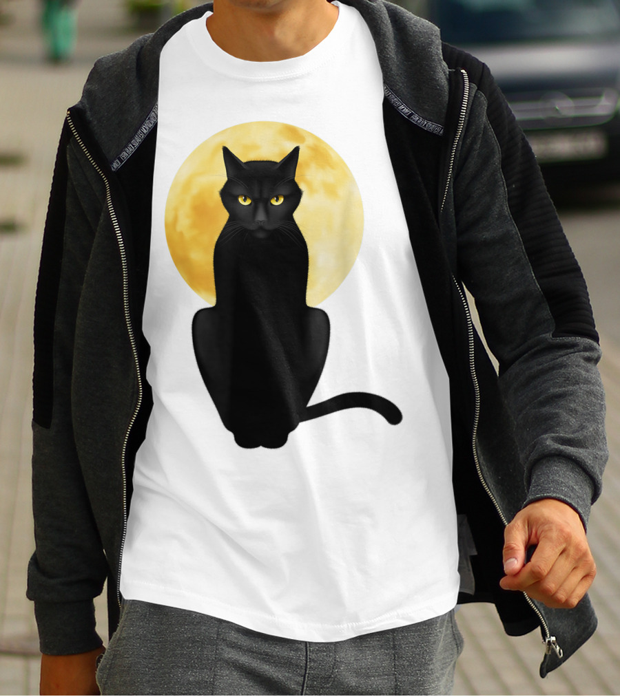 Black Cat Yellow Eyes Full Moon T-Shirt