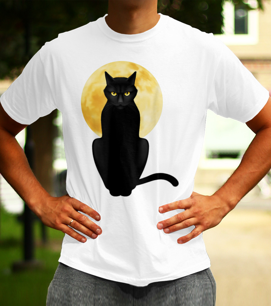 Black Cat Yellow Eyes Full Moon T-Shirt