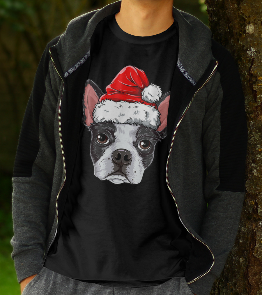 Boston Terrier Christmas Dog Santa Hat T-Shirt
