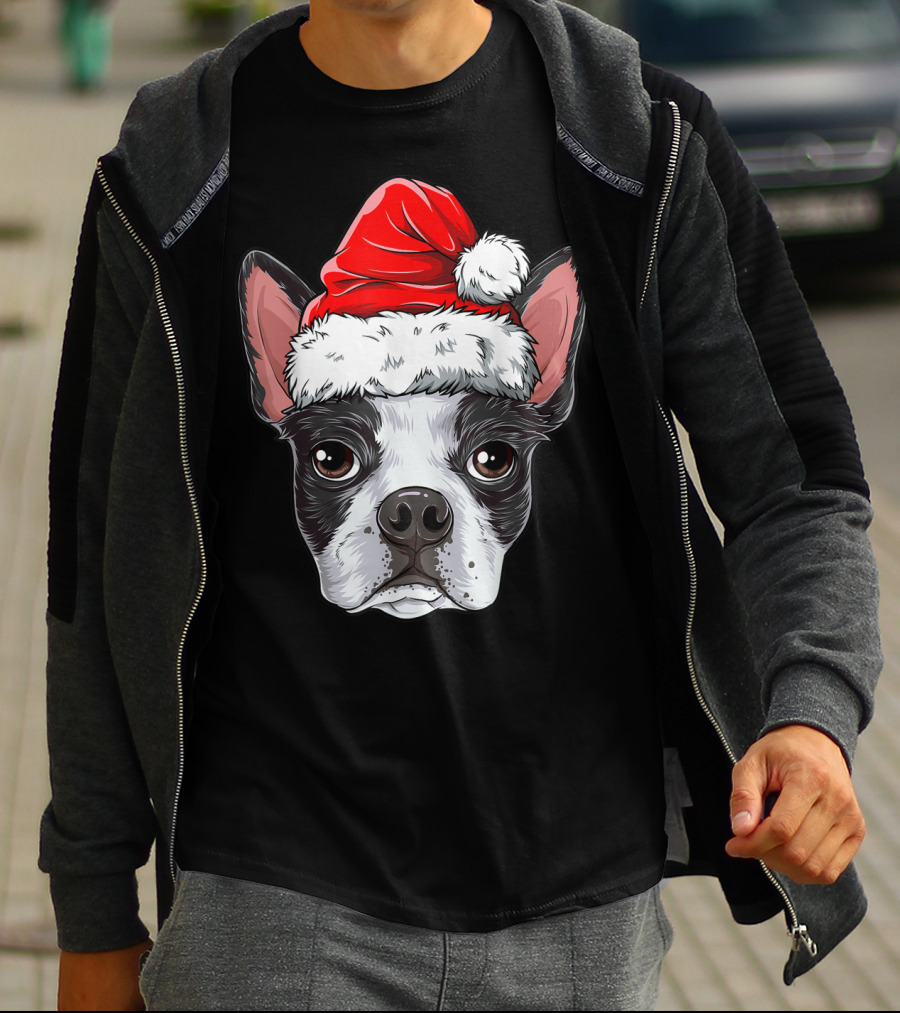 Boston Terrier Christmas Dog Santa Hat T-Shirt