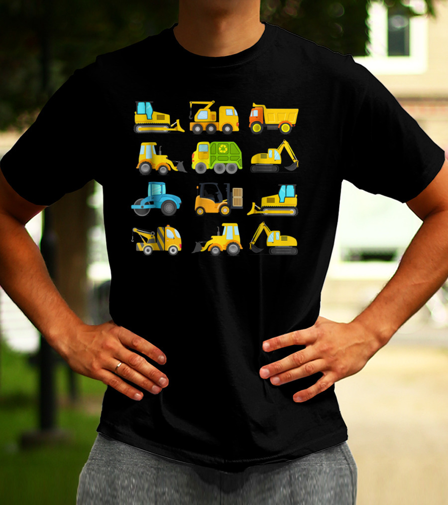 Boys' Colorful Construction Trucks And Diggers Vehicles Short Sleeved T-Shirt