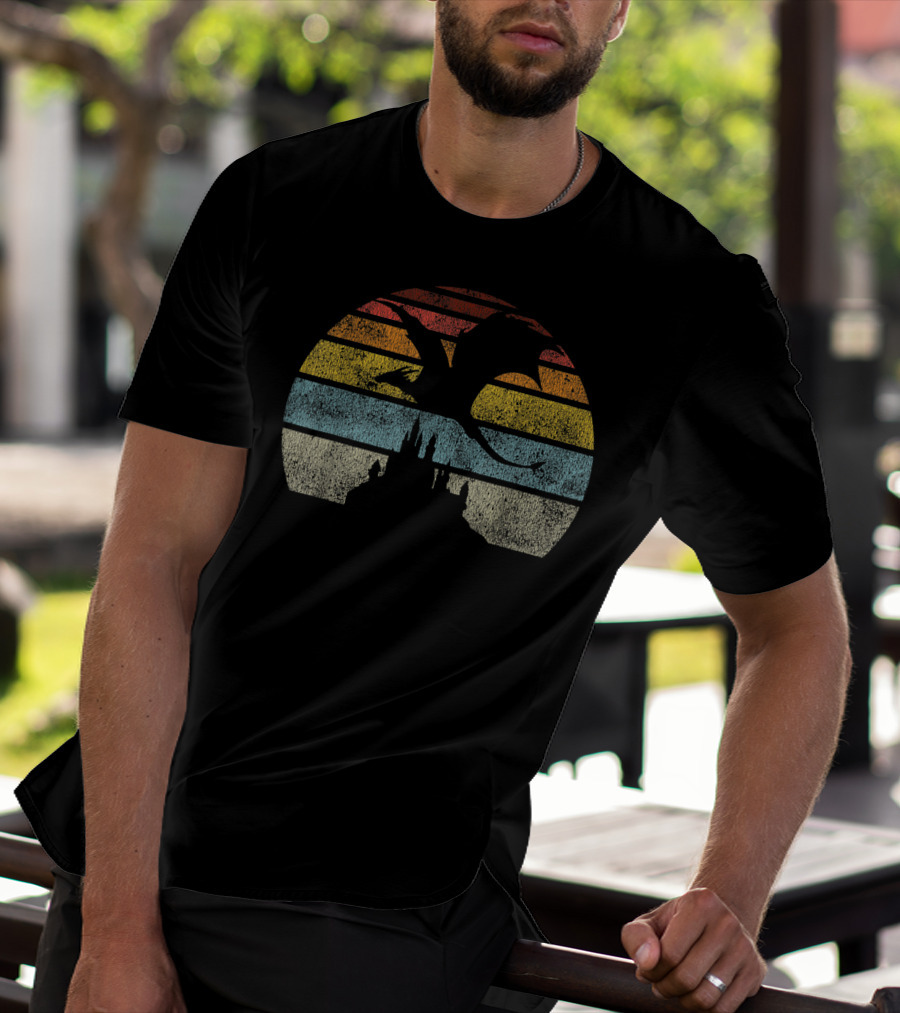 Castle And Dragon Silhouette Against Retro Sunset Stripes T-Shirt