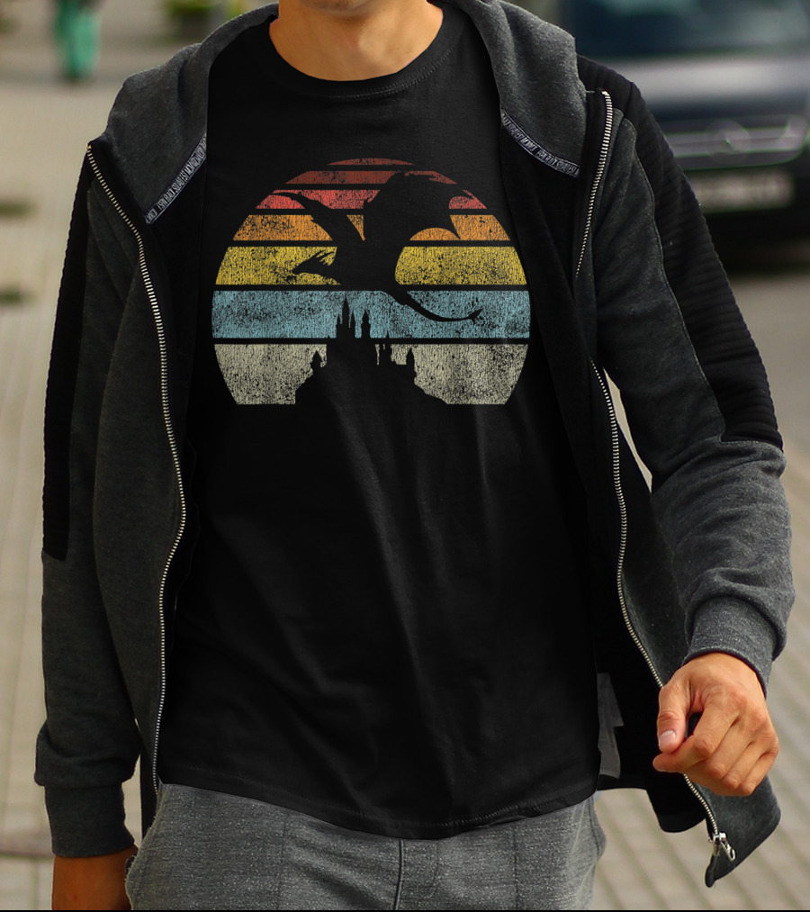 Castle And Dragon Silhouette Against Retro Sunset Stripes T-Shirt