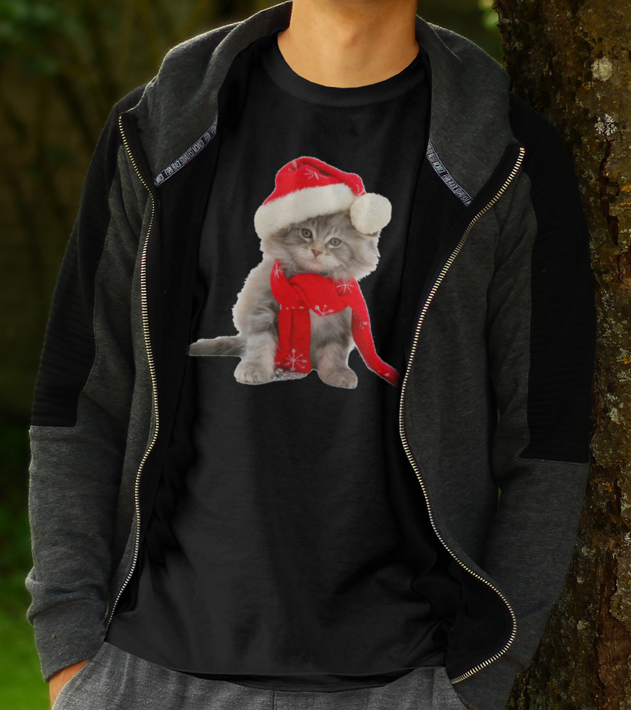 Cat Kitten In Santa Hat And Red Scarf T-Shirt