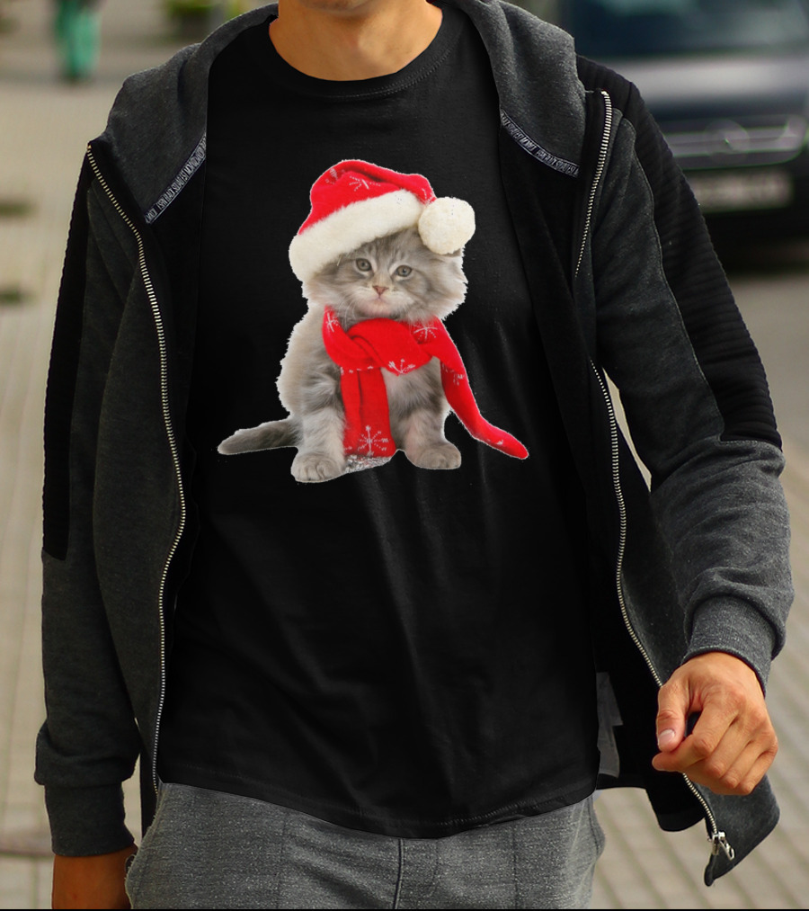 Cat Kitten In Santa Hat And Red Scarf T-Shirt