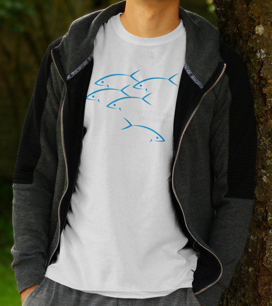 Change Course Save Our Oceans Fish Outline In Blue T-Shirt