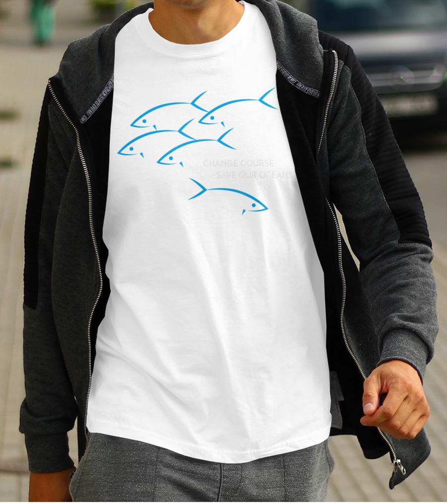 Change Course Save Our Oceans Fish Outline In Blue T-Shirt