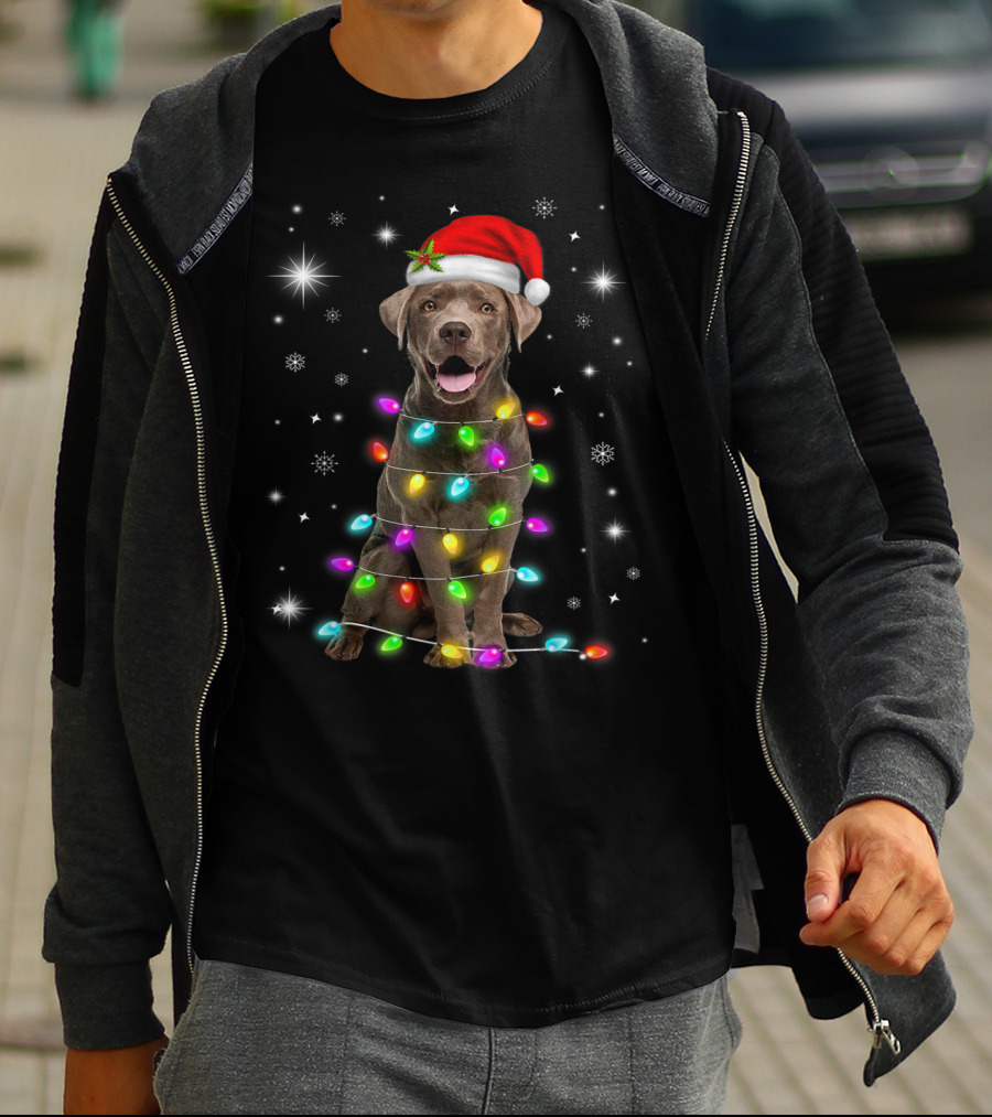 Chocolate Labrador Santa Hat Christmas Lights Snowflakes T-Shirt