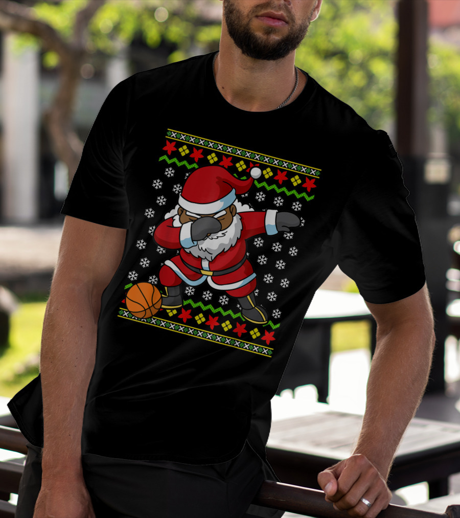 Christmas Black African American Santa Dabbing Basketball Ugly T-Shirt