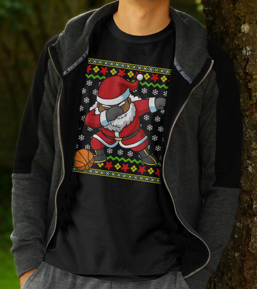 Christmas Black African American Santa Dabbing Basketball Ugly T-Shirt