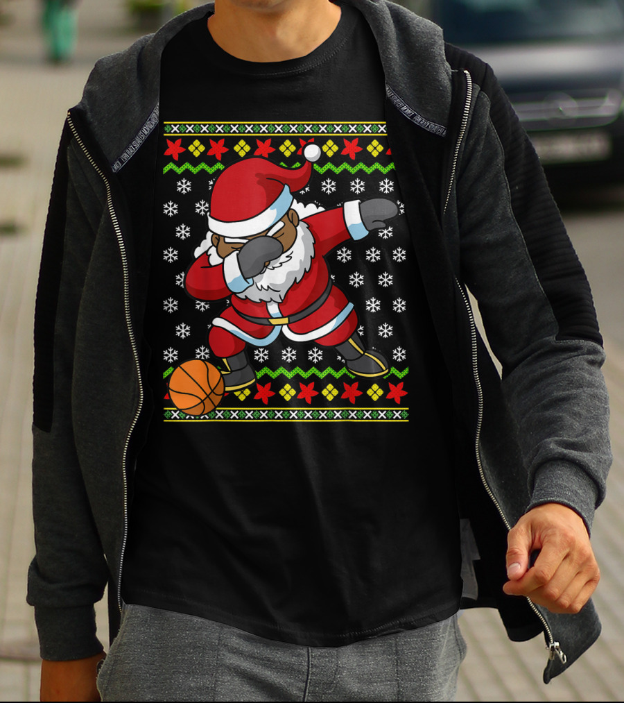 Christmas Black African American Santa Dabbing Basketball Ugly T-Shirt