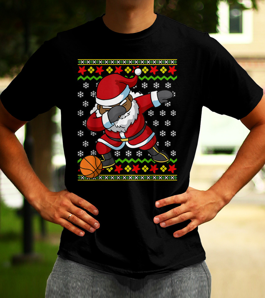 Christmas Black African American Santa Dabbing Basketball Ugly T-Shirt