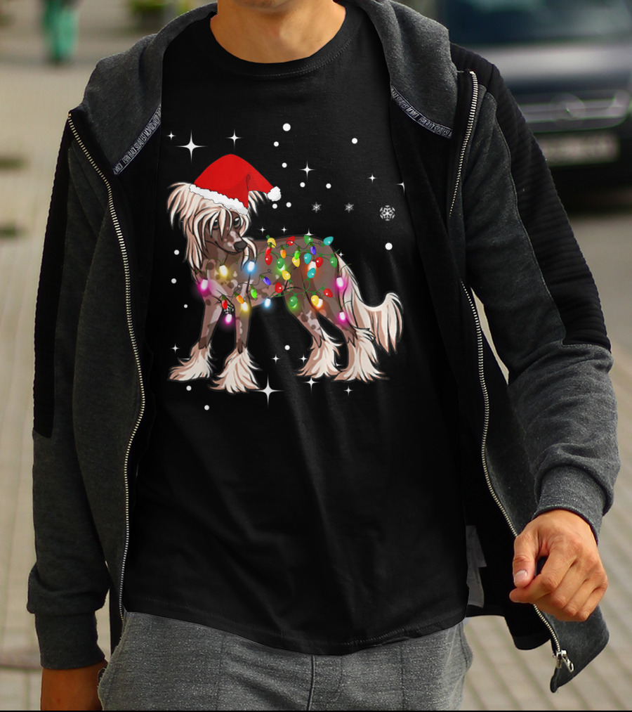 Christmas Lights Chinese Crested Dog With Santa Hat And Stars T-Shirt