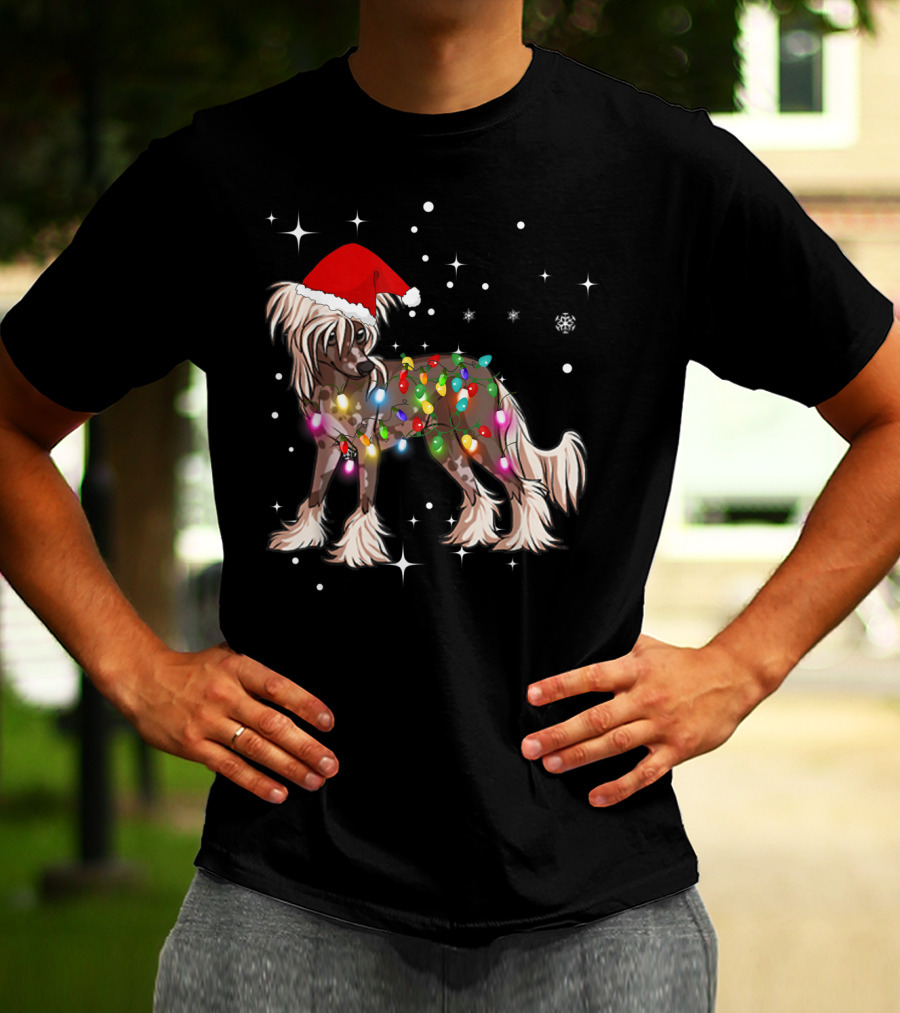 Christmas Lights Chinese Crested Dog With Santa Hat And Stars T-Shirt