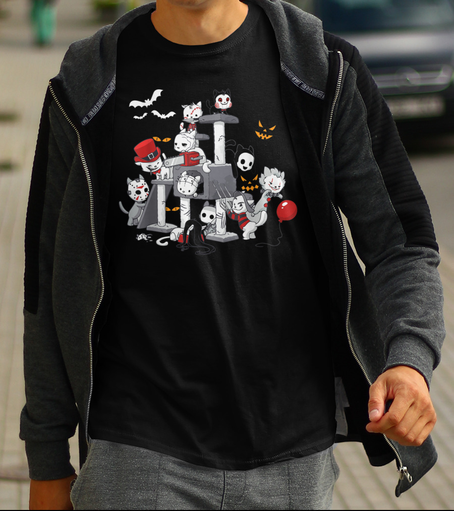 Cats Dressed As Iconic Creeps For Halloween Horror Movie Night T-Shirt