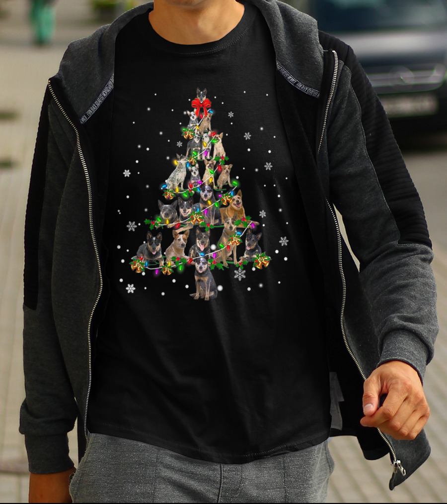 Cute Australian Cattle Dog Christmas Tree With Festive Lights And Snowflakes T-Shirt