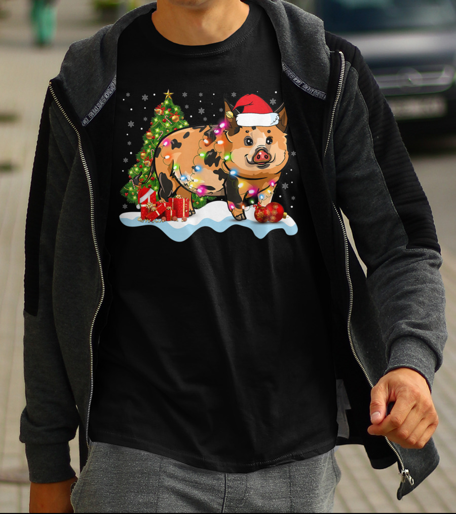 Kunekune Pig Santa Hat Christmas Tree Lights Snowflakes T-Shirt