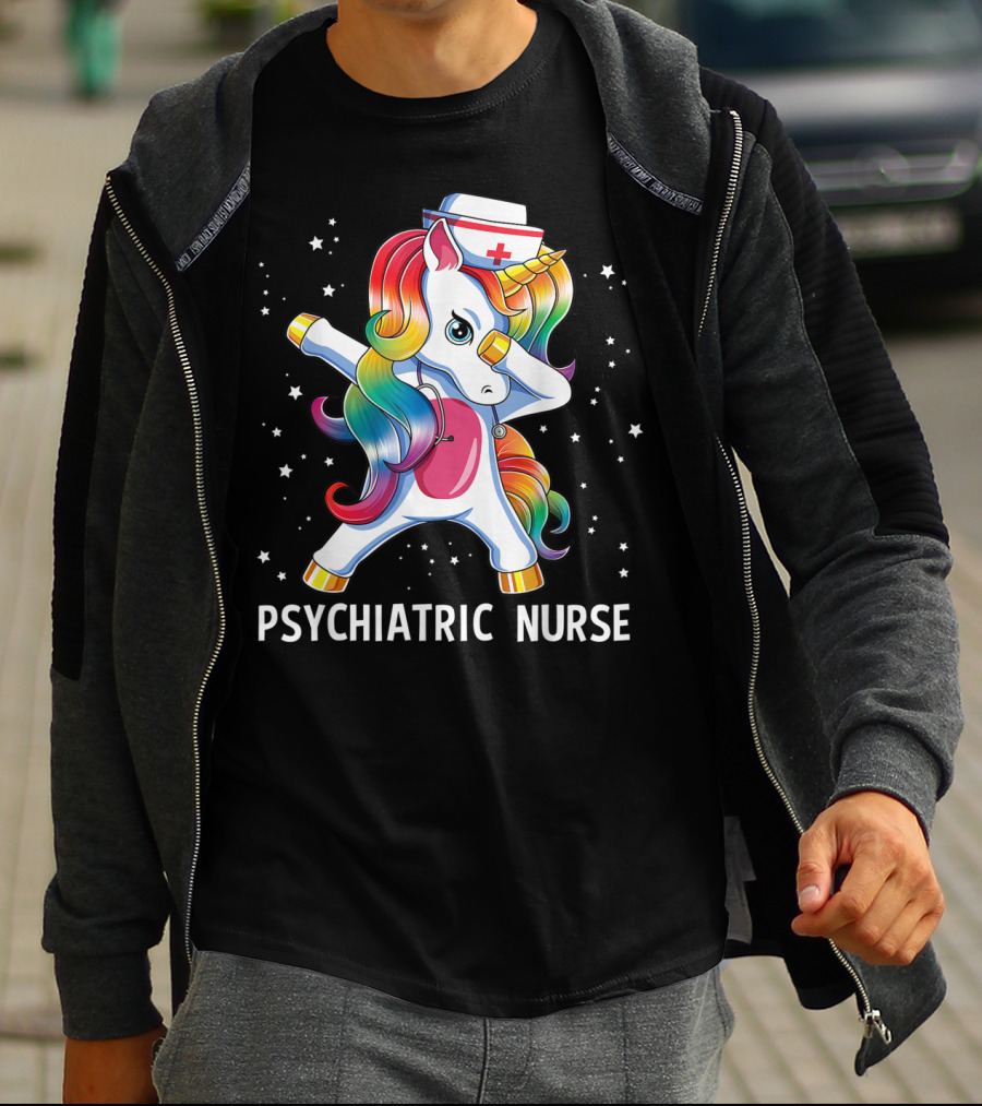 Dabbing Unicorn Rainbow Psychiatric Nurse With Nurse Hat And Stars T-Shirt