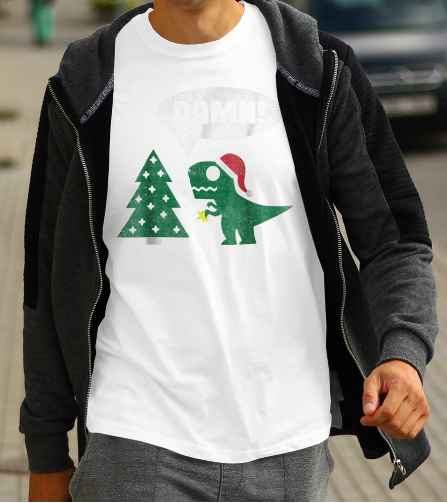 Damn Trex Hates Christmas Dinosaur Lover Funny Santa Dinosaur With Christmas Tree T-Shirt