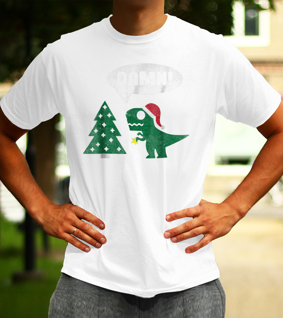 Damn Trex Hates Christmas Dinosaur Lover Funny Santa Dinosaur With Christmas Tree T-Shirt