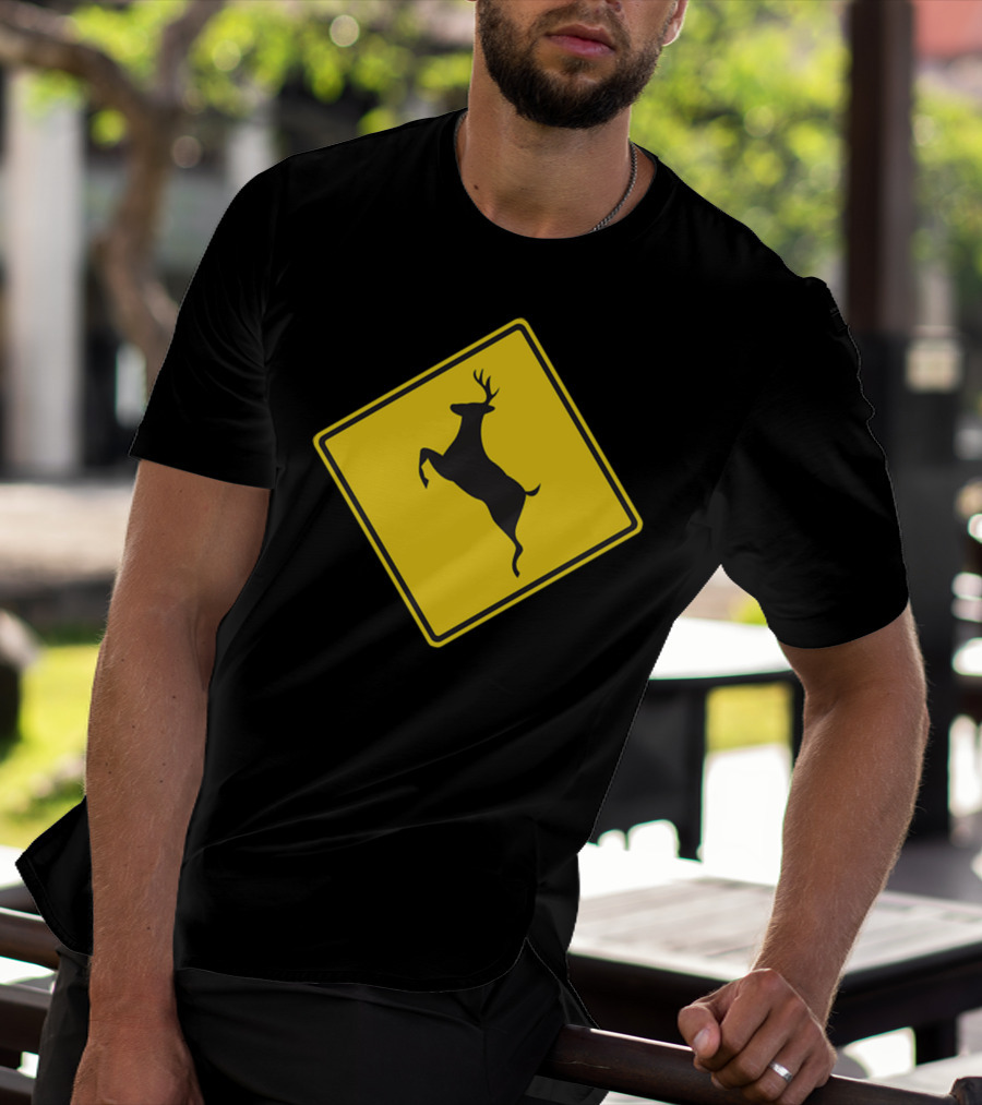 Yellow Deer Crossing Road Sign T-Shirt