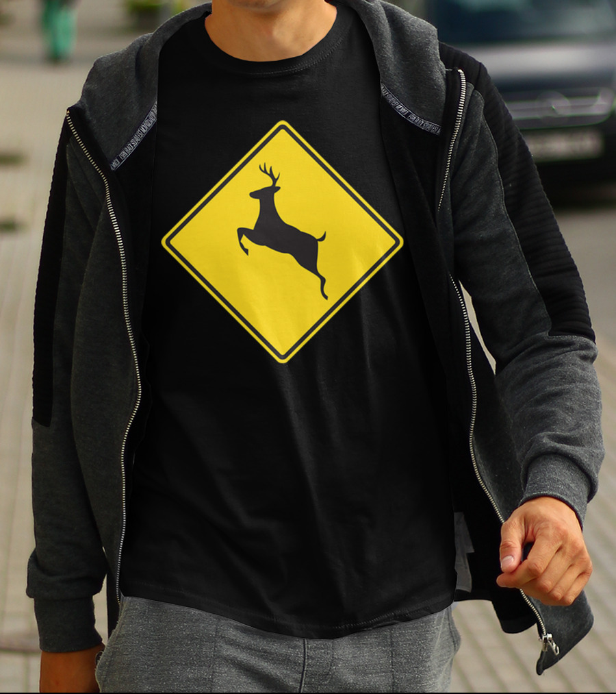 Yellow Deer Crossing Road Sign T-Shirt