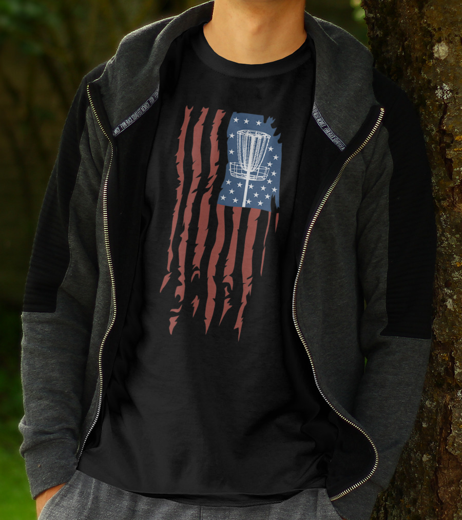 Disc Golf Basket American Flag Frisbee Sports USA T-Shirt