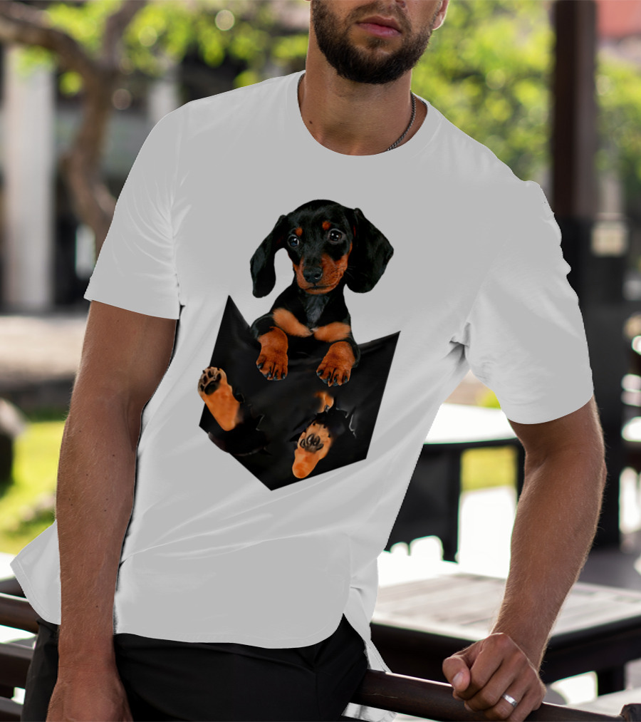 Doxie Dachshund Puppy Dog In Pocket T-Shirt