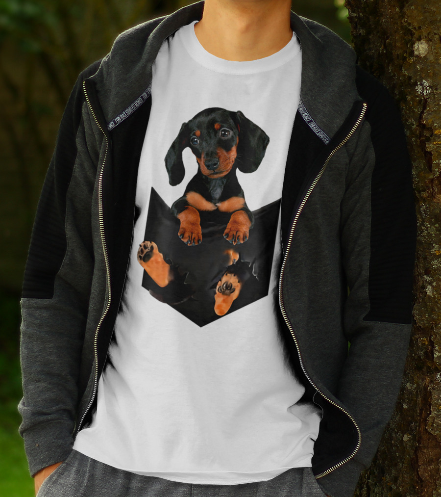 Doxie Dachshund Puppy Dog In Pocket T-Shirt
