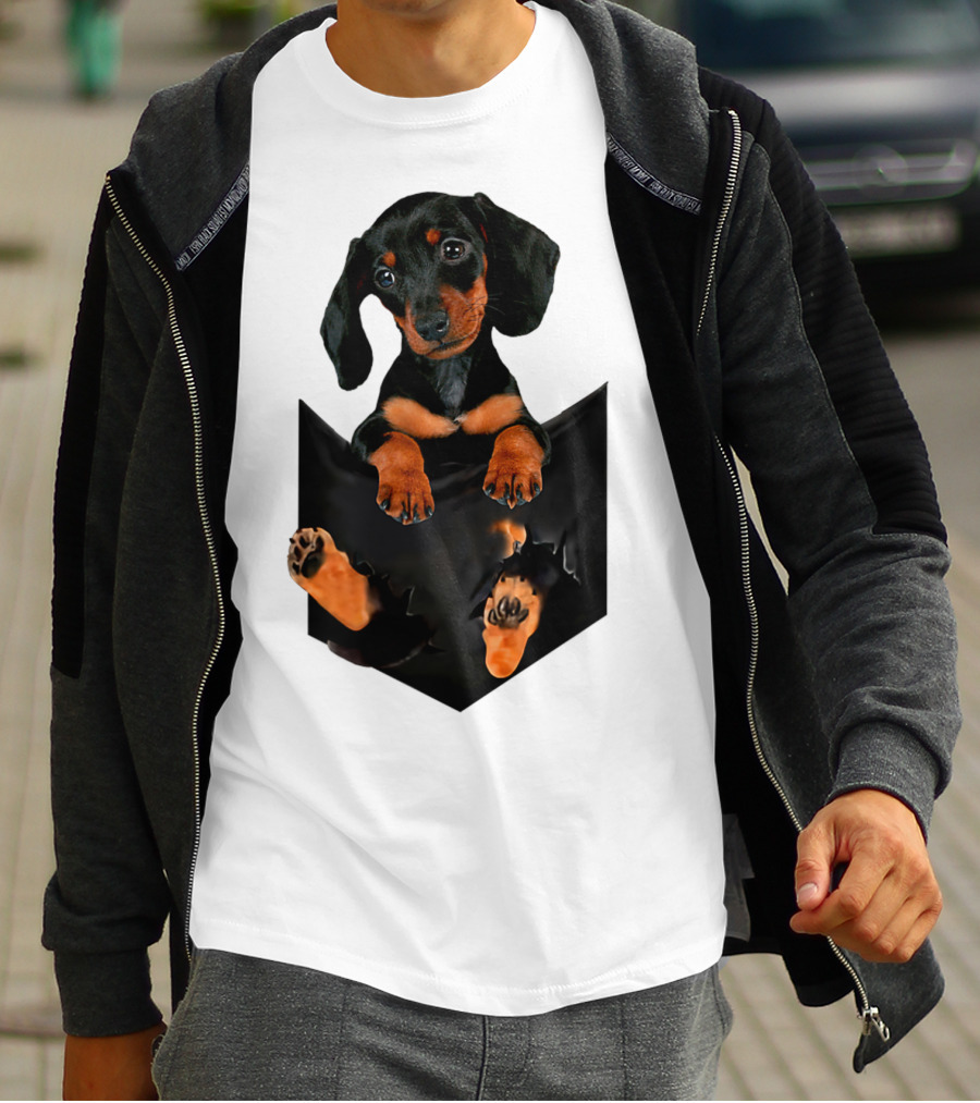 Doxie Dachshund Puppy Dog In Pocket T-Shirt