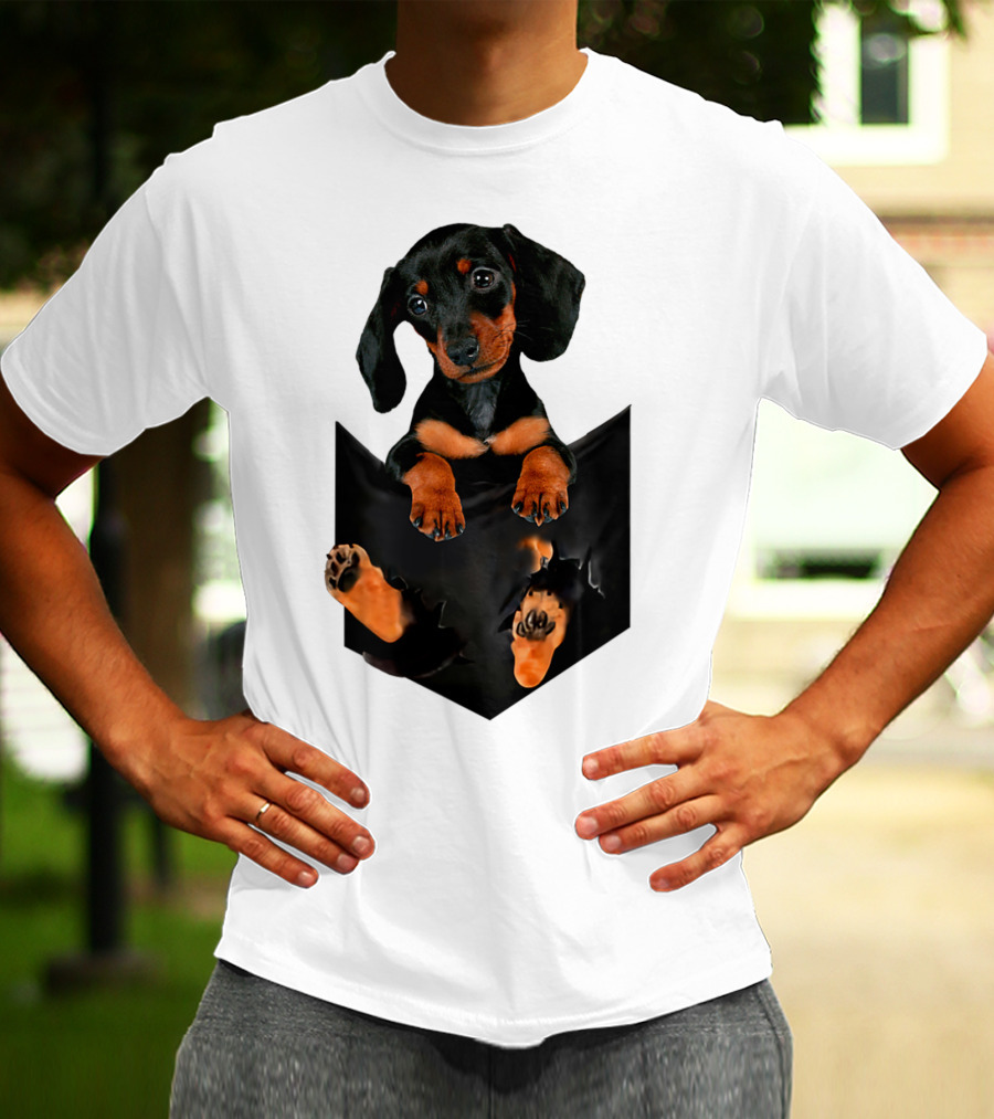 Doxie Dachshund Puppy Dog In Pocket T-Shirt