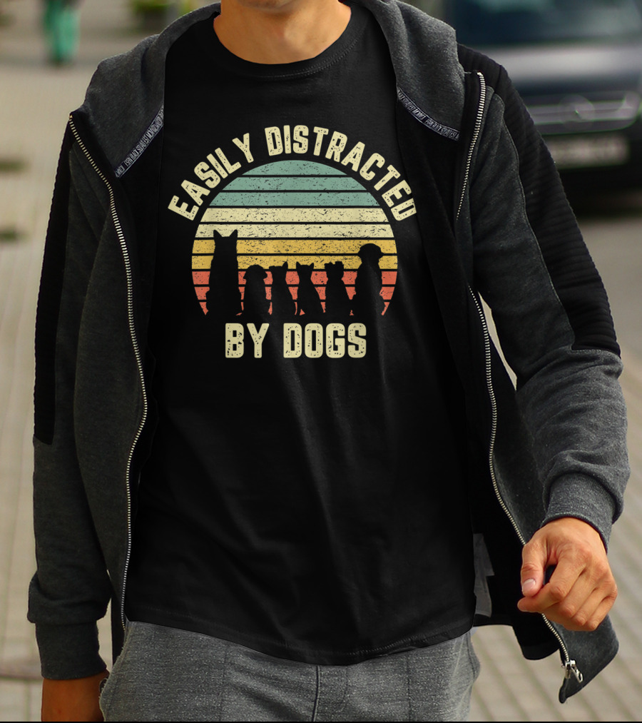 Easily Distracted By Dogs Retro Sunset T-Shirt