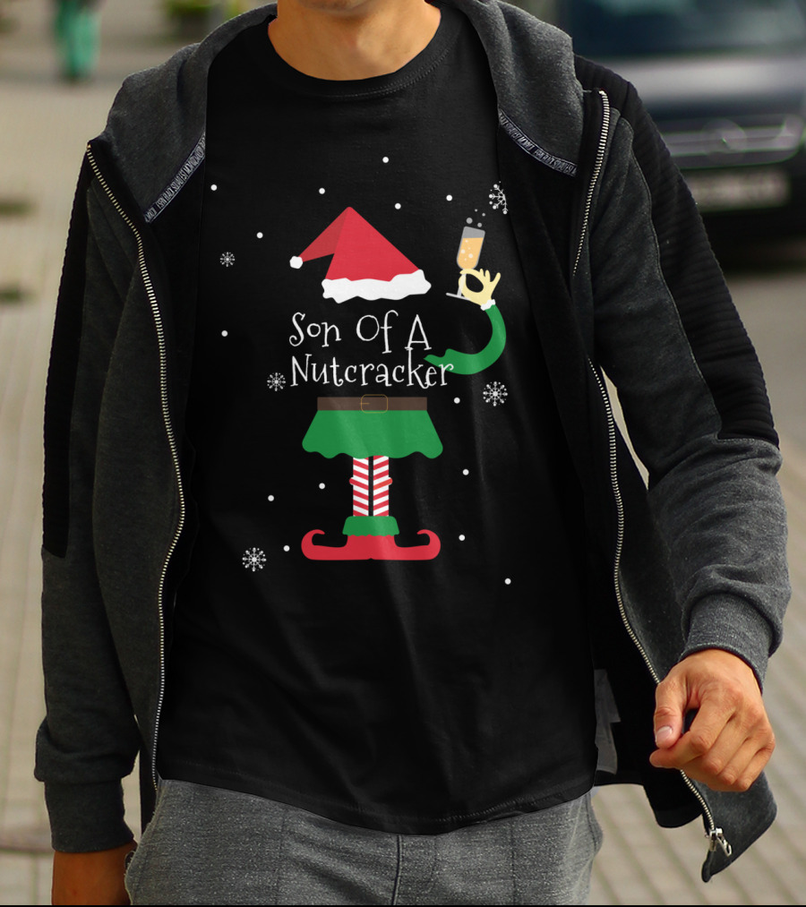 Son Of A Nutcracker Elf With Santa Hat And Champagne Glass T-Shirt