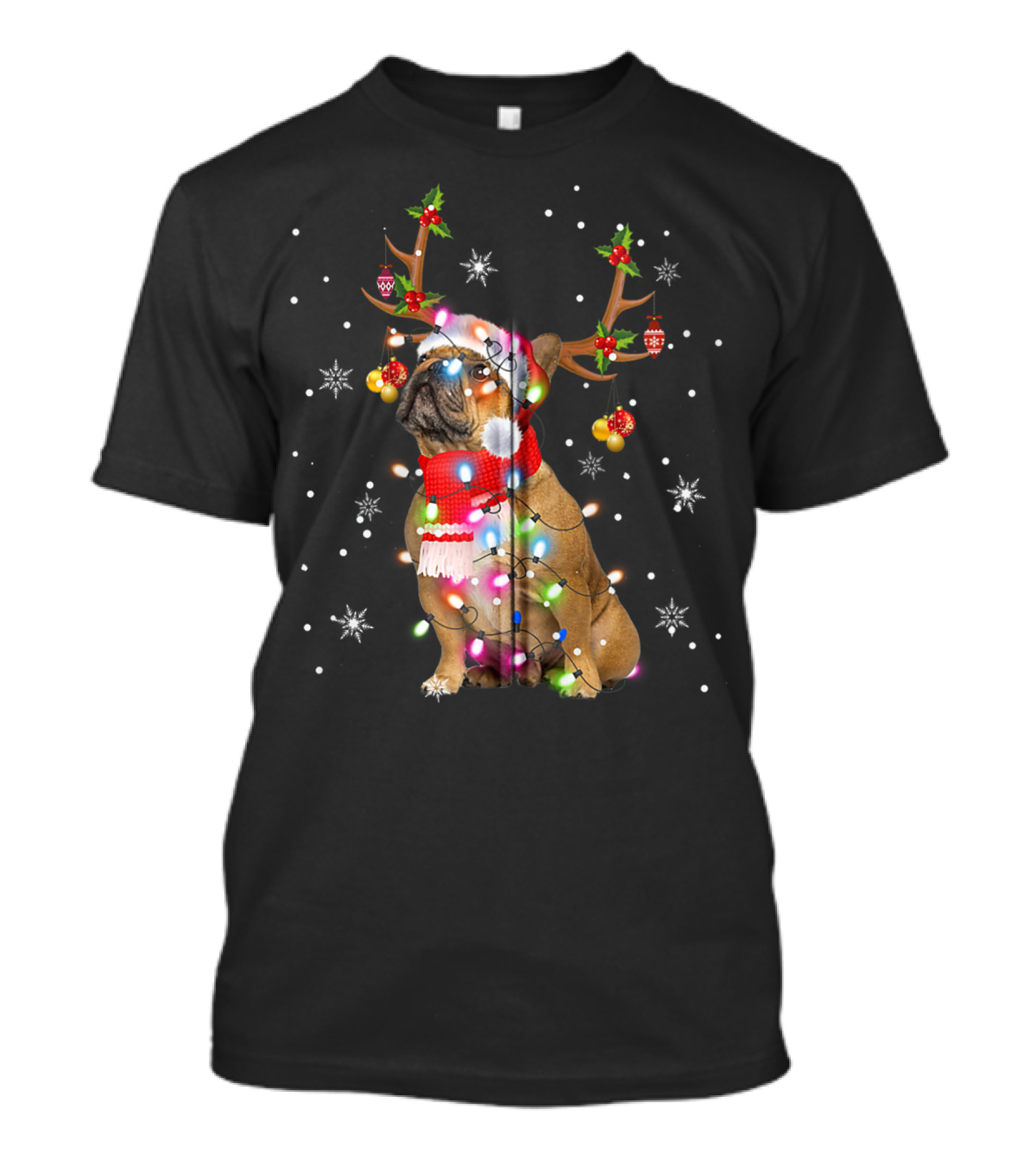 French Bulldog Reindeer Antlers Santa Hat Christmas Lights T-Shirt