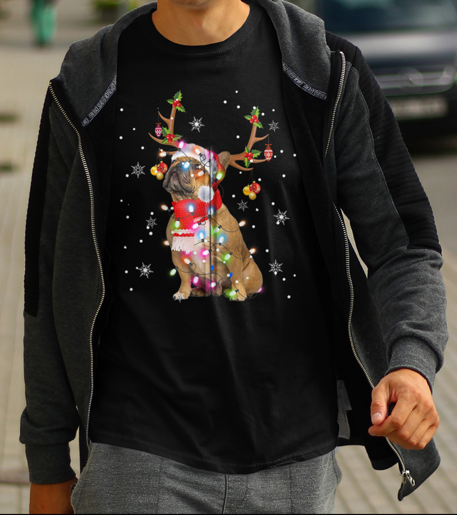 French Bulldog Reindeer Antlers Santa Hat Christmas Lights T-Shirt