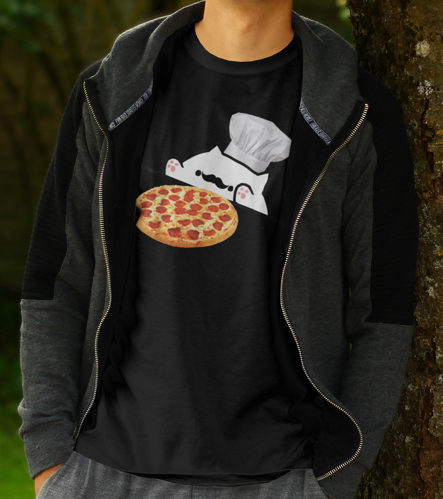 Bongo Cat Pizza Chef With Mustache And Pepperoni Pizza Humor T-Shirt