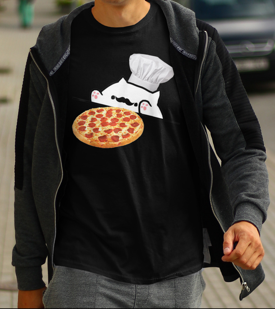 Bongo Cat Pizza Chef With Mustache And Pepperoni Pizza Humor T-Shirt