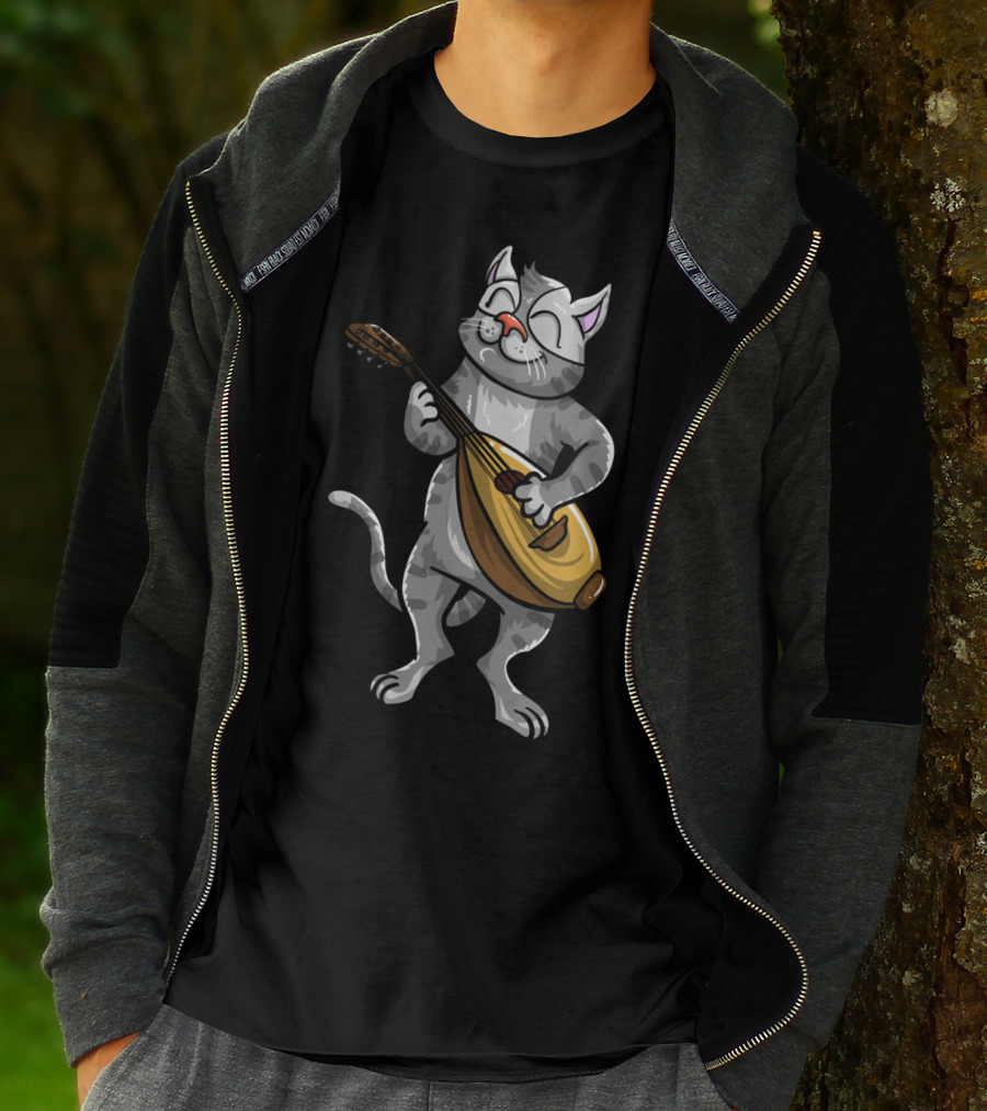 Funny Cool Cat Playing Lute Animal Musician T-Shirt