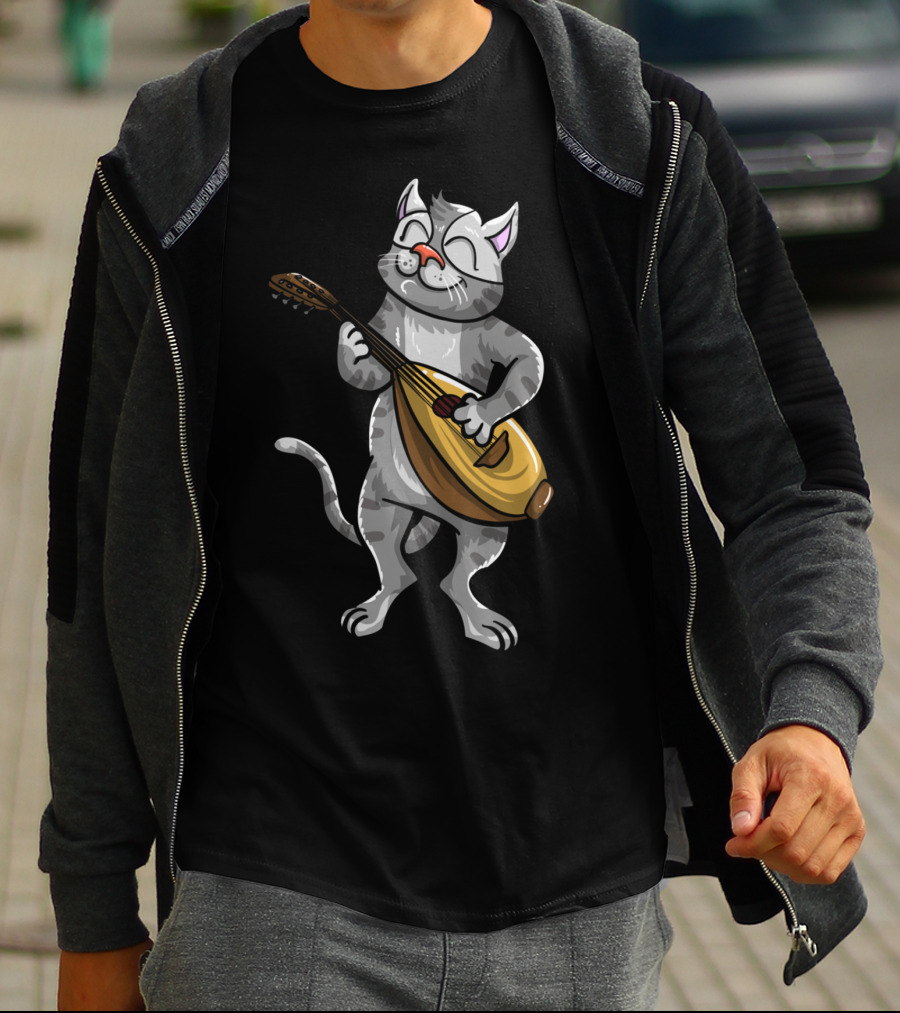 Funny Cool Cat Playing Lute Animal Musician T-Shirt