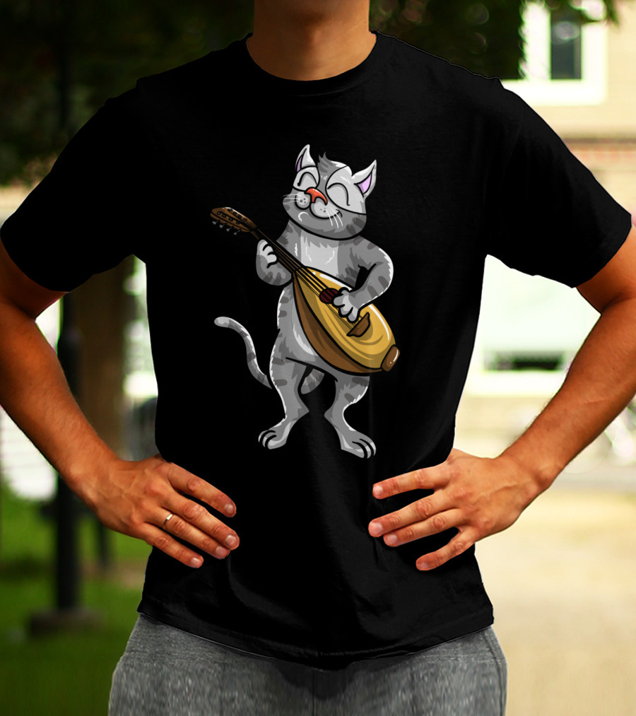 Funny Cool Cat Playing Lute Animal Musician T-Shirt