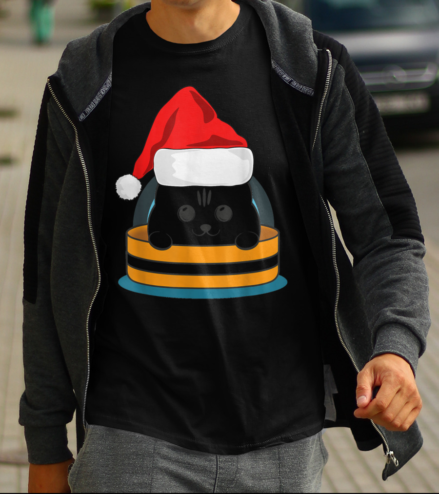 Cute Black Cat In Santa Hat Sitting Inside Orange And Black Barrel T-Shirt