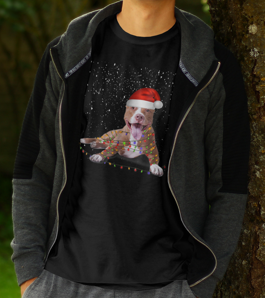 Merry Pitmas Pit Bull Christmas Dog With Santa Hat And Festive Lights T-Shirt
