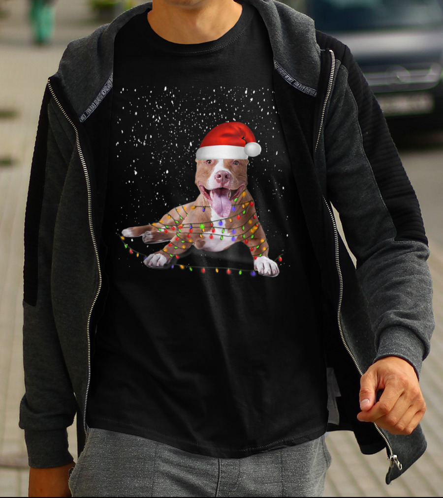 Merry Pitmas Pit Bull Christmas Dog With Santa Hat And Festive Lights T-Shirt