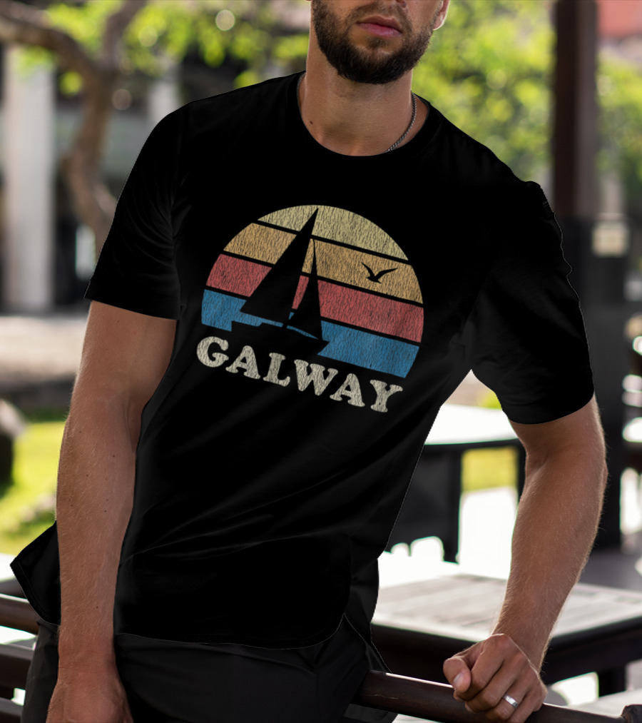 Galway Vintage Sailboat 70s Sunset With Seagull T-Shirt