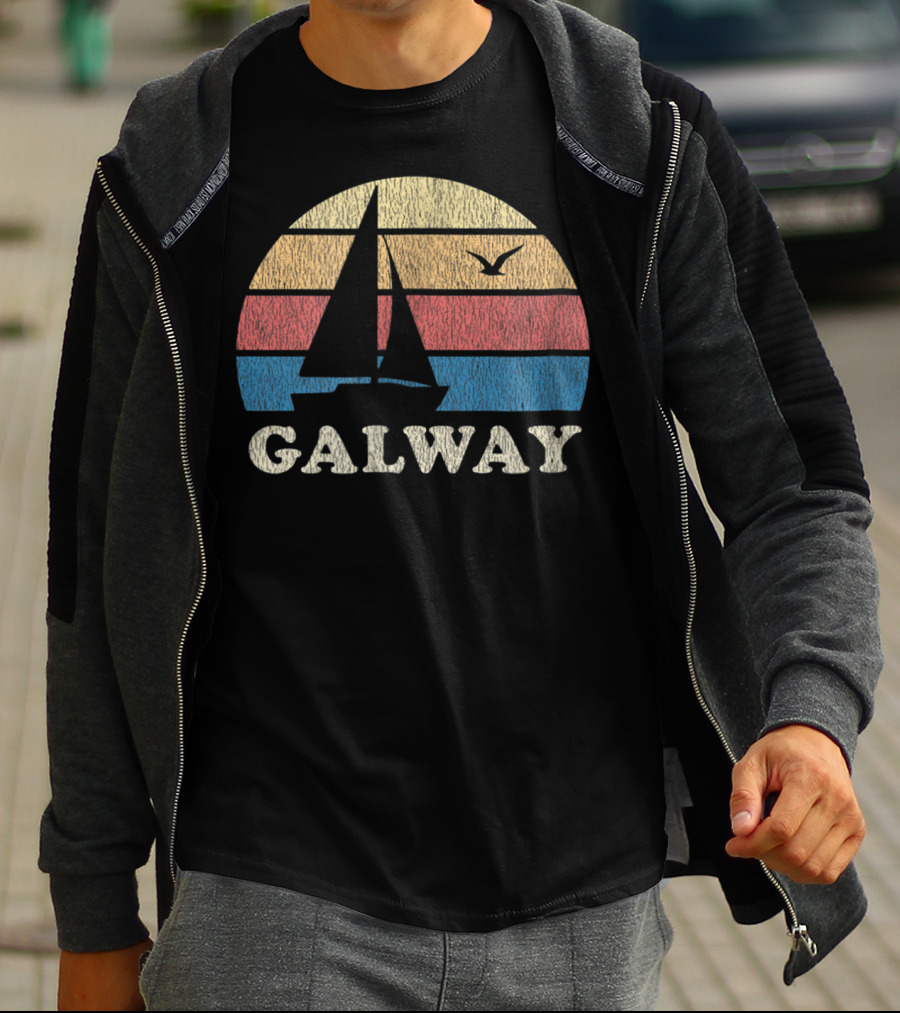 Galway Vintage Sailboat 70s Sunset With Seagull T-Shirt
